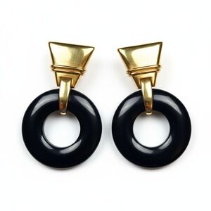 Clip-On Round Navy Blue Door Knocker Geometric Vintage 80s Statement Earrings